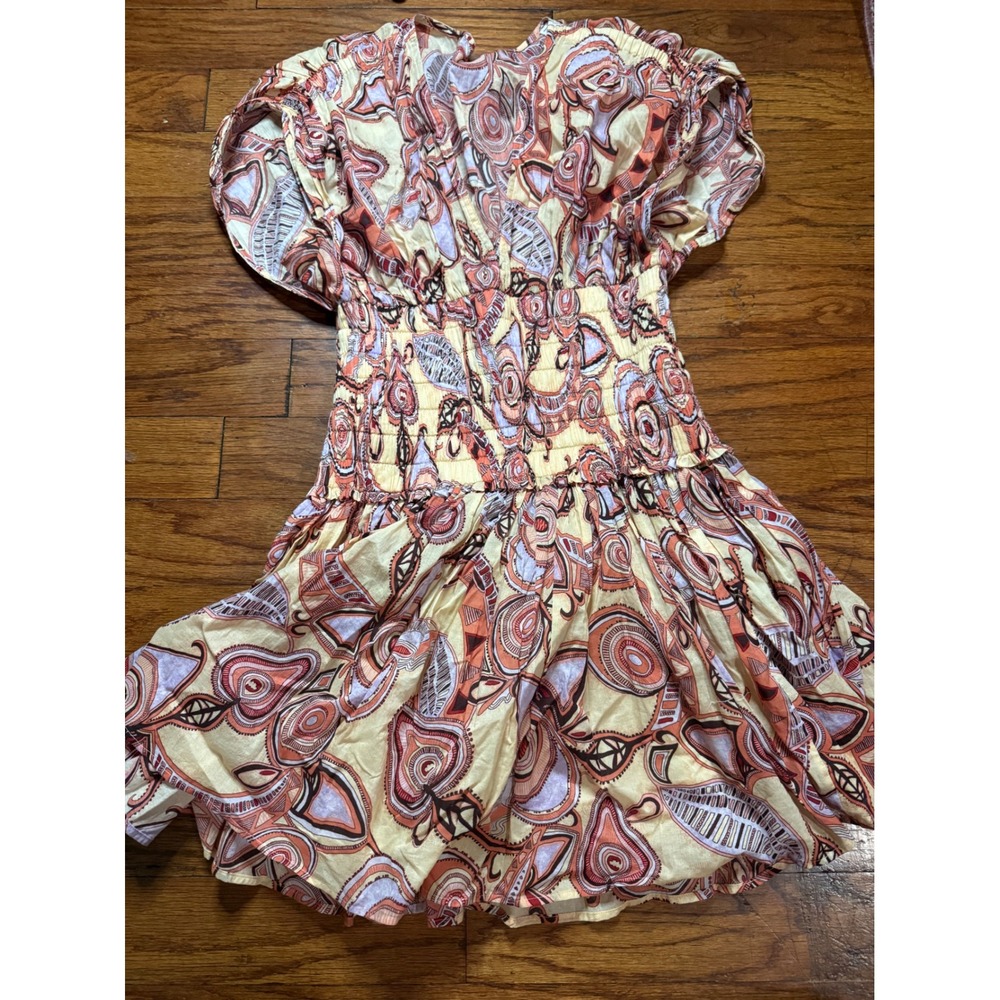 ALC Women Abstract Geometric Smocked Mini Dress Orange Purple Cotton Size 2
